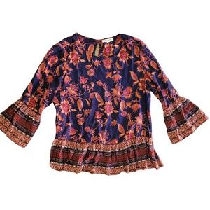 BeachLunchLounge Women's Blue Floral Patterned Bell Sleeve Blouse. Size‎ M